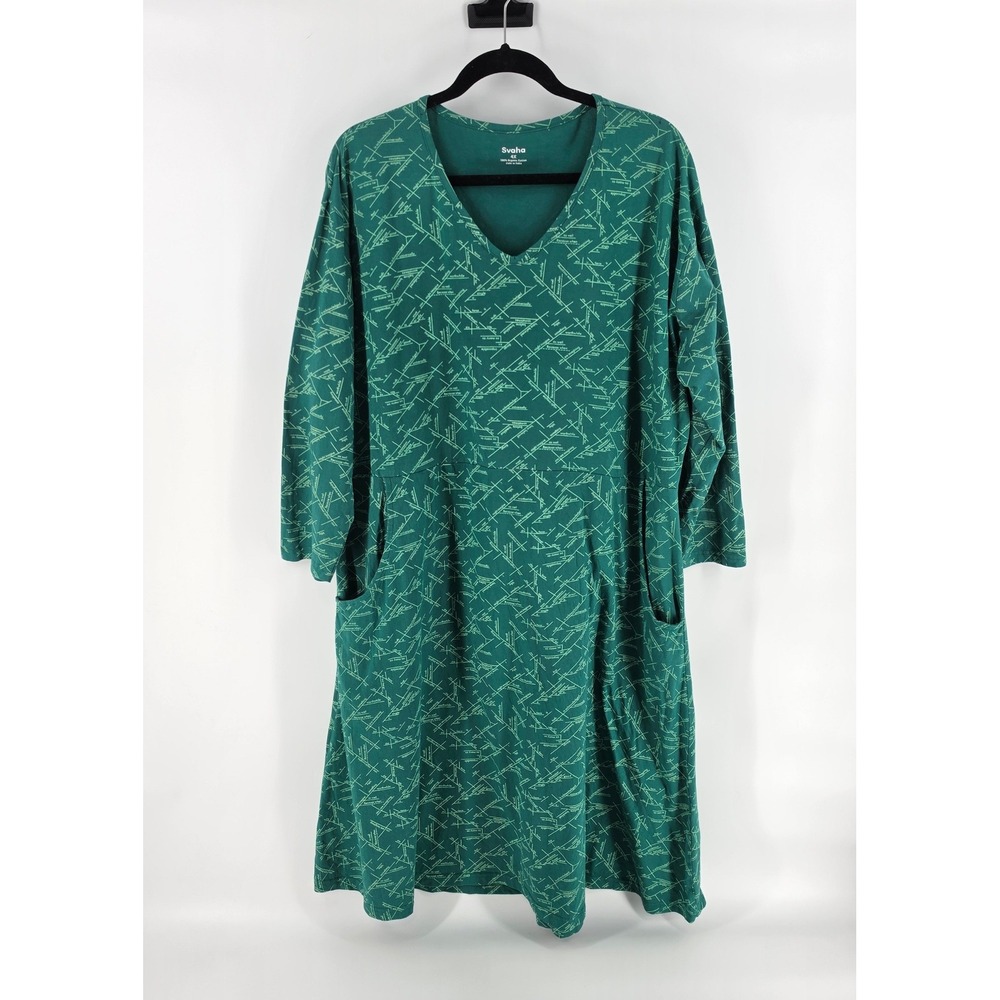 Svaha 4X Green Literary Print Organic Cotton Midi Dress Pocket Teachercore Artsy